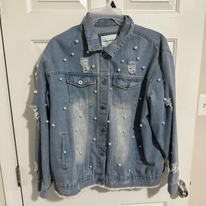 Women's Blue Denim Jacket with Pearl Accents